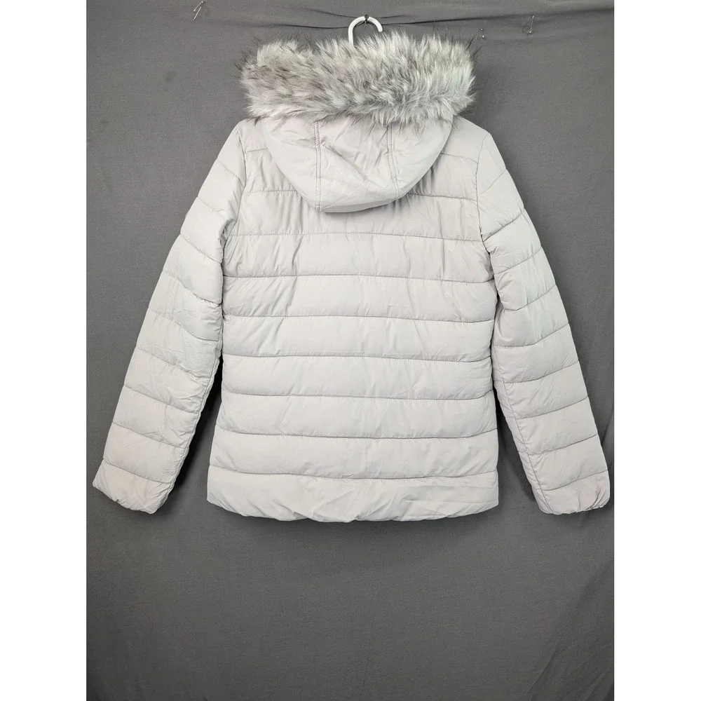 Hollister Puffer Jacket Womens Medium Gray Faux Fur Hood Sherpa Lined
